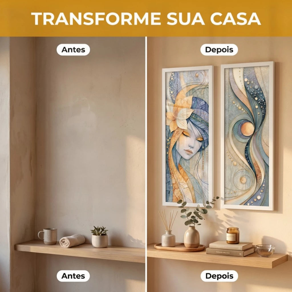 Kit 2 Quadros Verticais Mulher Abstrata Floral 18x45 cm com Moldura e Vidro — visualização 3