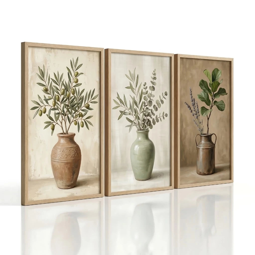 Kit 3 Quadros Decorativos Ramos Oliveira Boho NOXHome | Impressão 4K MDF Premium – Quarto e Sala