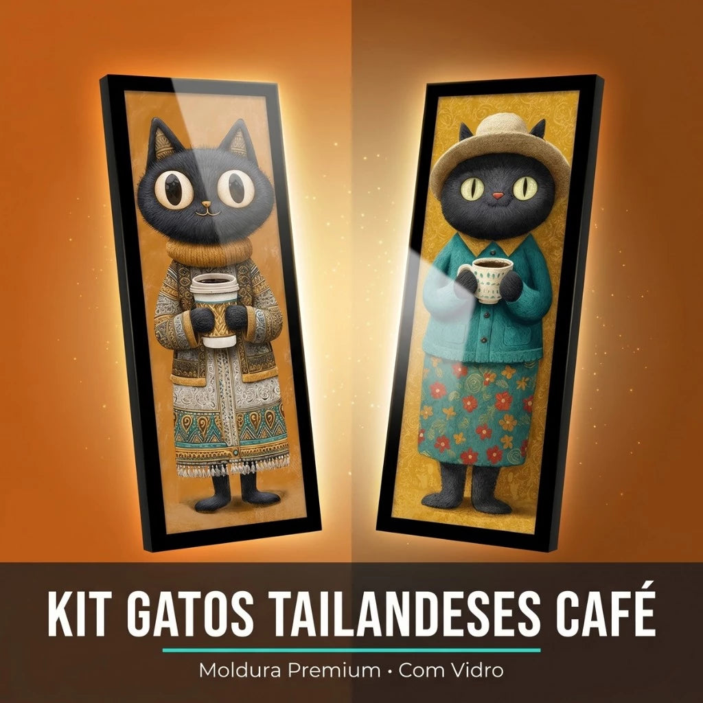 Kit 2 Quadros Verticais Gatos Tailandeses e Café 18x45 cm com Moldura e Vidro — visualização 2