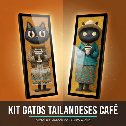 Kit 2 Quadros Verticais Gatos Tailandeses e Café 18x45 cm com Moldura e Vidro — visualização 2