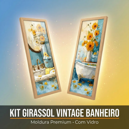 Kit 2 Quadros Verticais Girassóis Vintage no Banheiro 18x45 cm com Moldura e Vidro — visualização 2