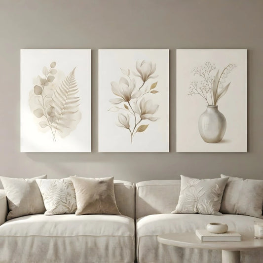 Trio Quadros Decorativos Minimalista Japandi Flores Bege NOXHome