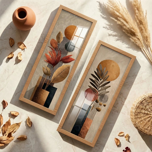 Kit 2 Quadros Verticais Vasos Boho 18x45 cm com Moldura e Vidro — composição principal