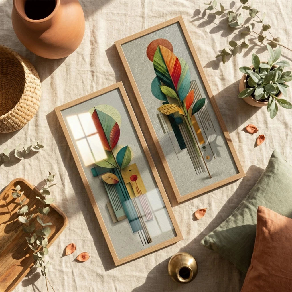 Kit 2 Quadros Verticais Folhas Abstratas Boho Neutras 18x45 cm com Moldura e Vidro — composição principal