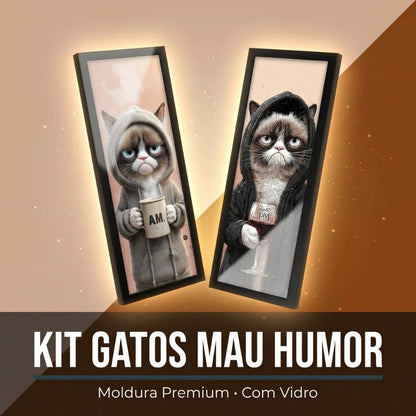 Kit 2 Quadros Verticais Gato Rabugento Café e Vinho 18x45 cm com Moldura e Vidro — visualização 2