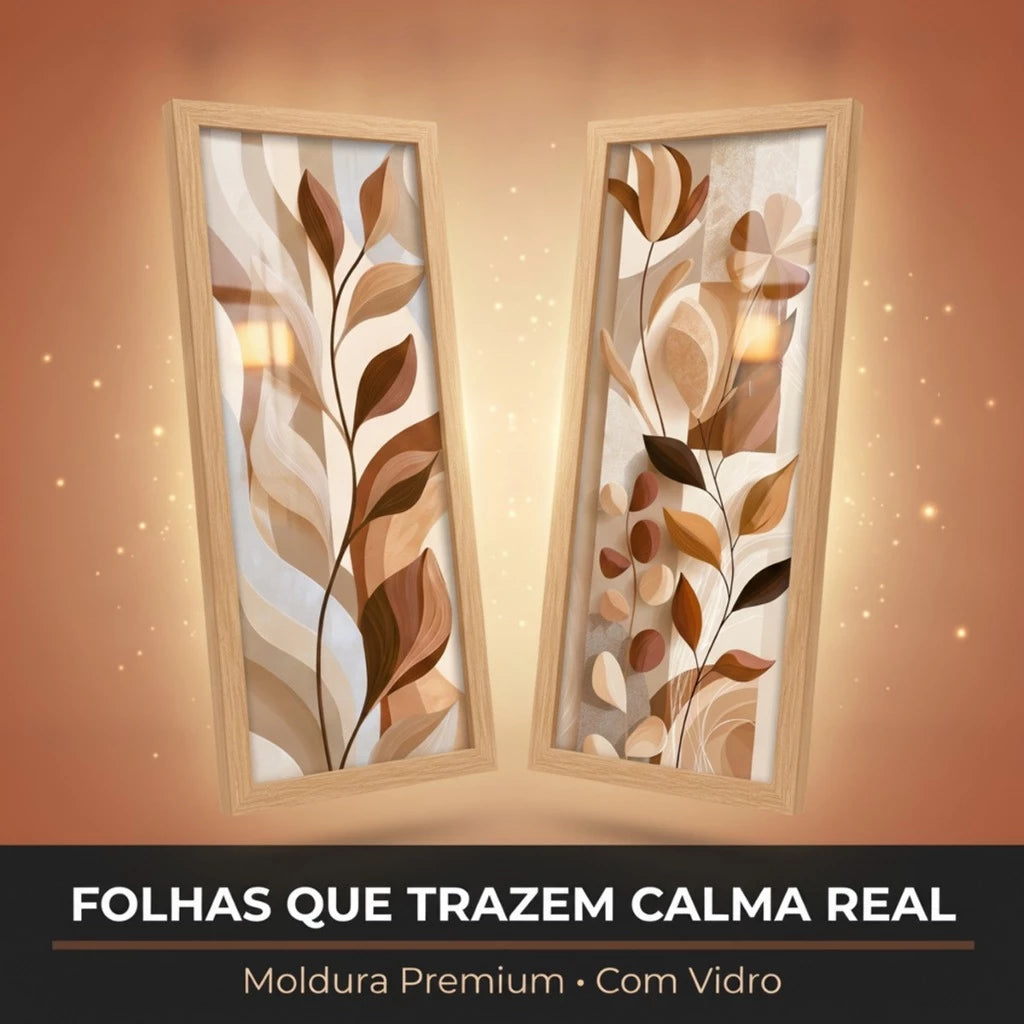 Kit 2 Quadros Verticais Folhas Bege Boho 18x45 cm com Moldura e Vidro — visualização 2