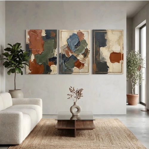 Kit 3 Quadros Decorativos Abstrato Sala e Quarto Tons Terrosos Moldura Dourada NOXHome