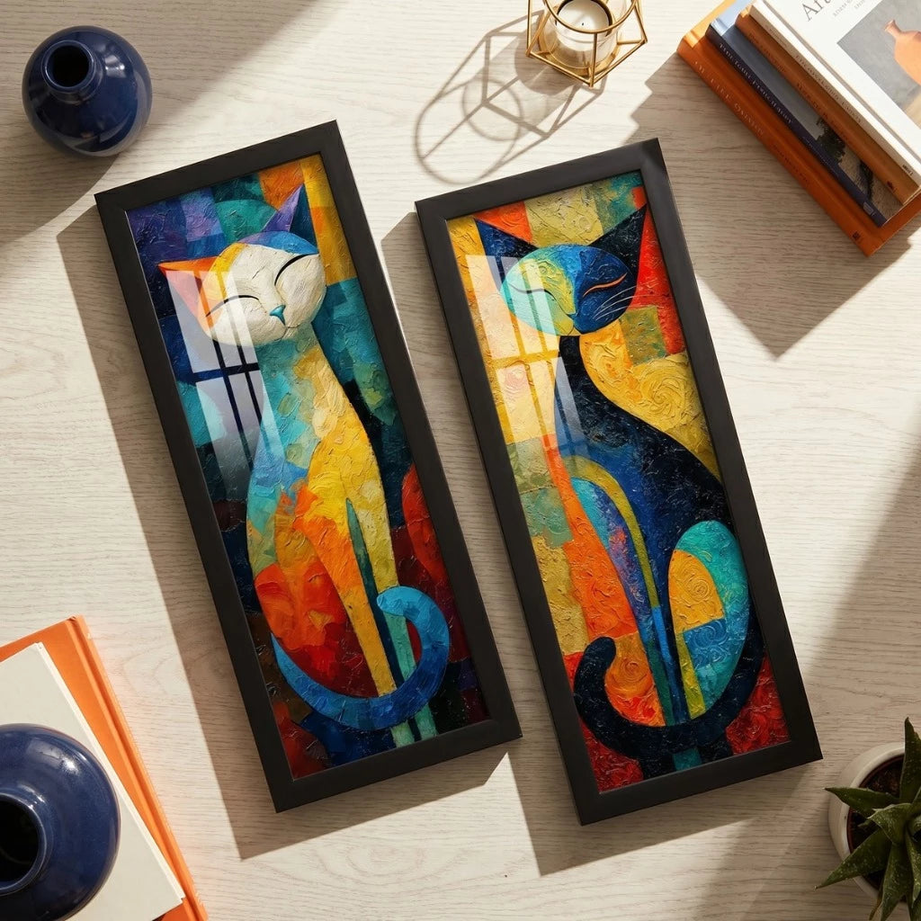 Kit 2 Quadros Verticais Gatos Pop Art 18x45 cm com Moldura e Vidro — composição principal