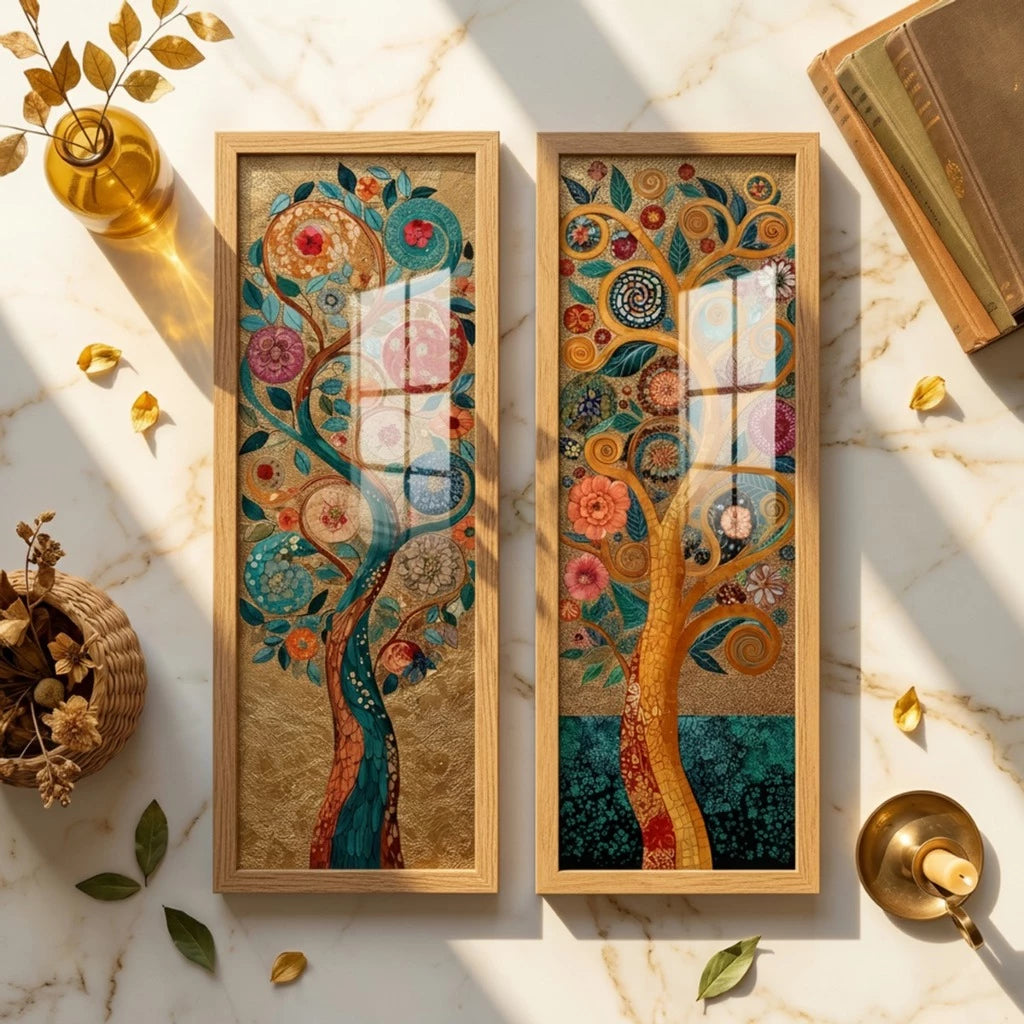 Kit 2 Quadros Verticais Árvore da Vida Dourada Zen 18x45 cm com Moldura e Vidro — composição principal