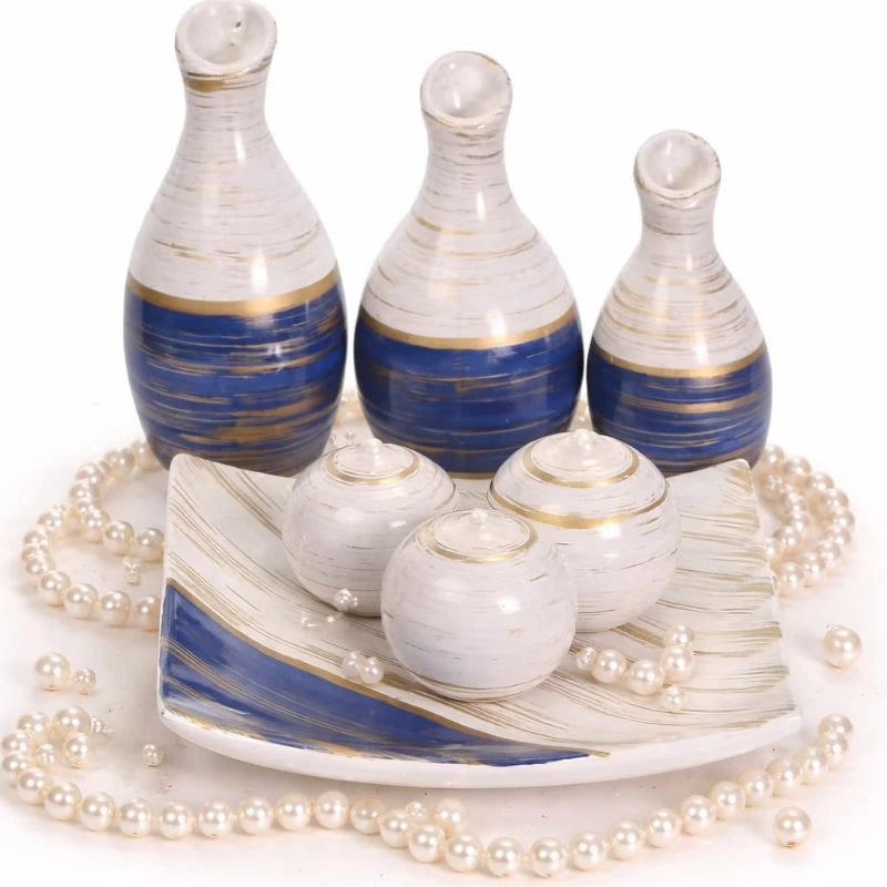 Trio de Vasinhos Decorativos NOXHome | Cerâmica com Bandeja e Bolinhas – Kit 5 Peças