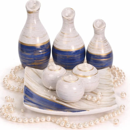 Trio de Vasinhos Decorativos NOXHome | Cerâmica com Bandeja e Bolinhas – Kit 5 Peças