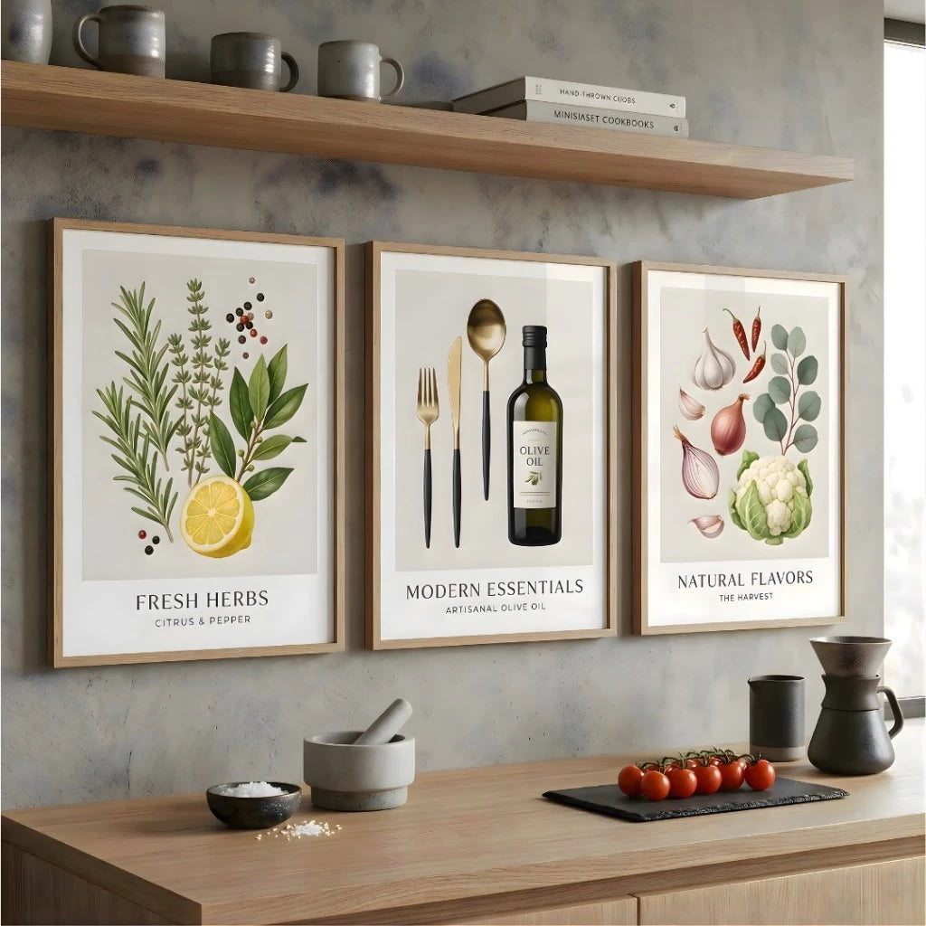 Trio Quadros Decorativos Cozinha Gourmet Ervas Aromáticas NOXHome