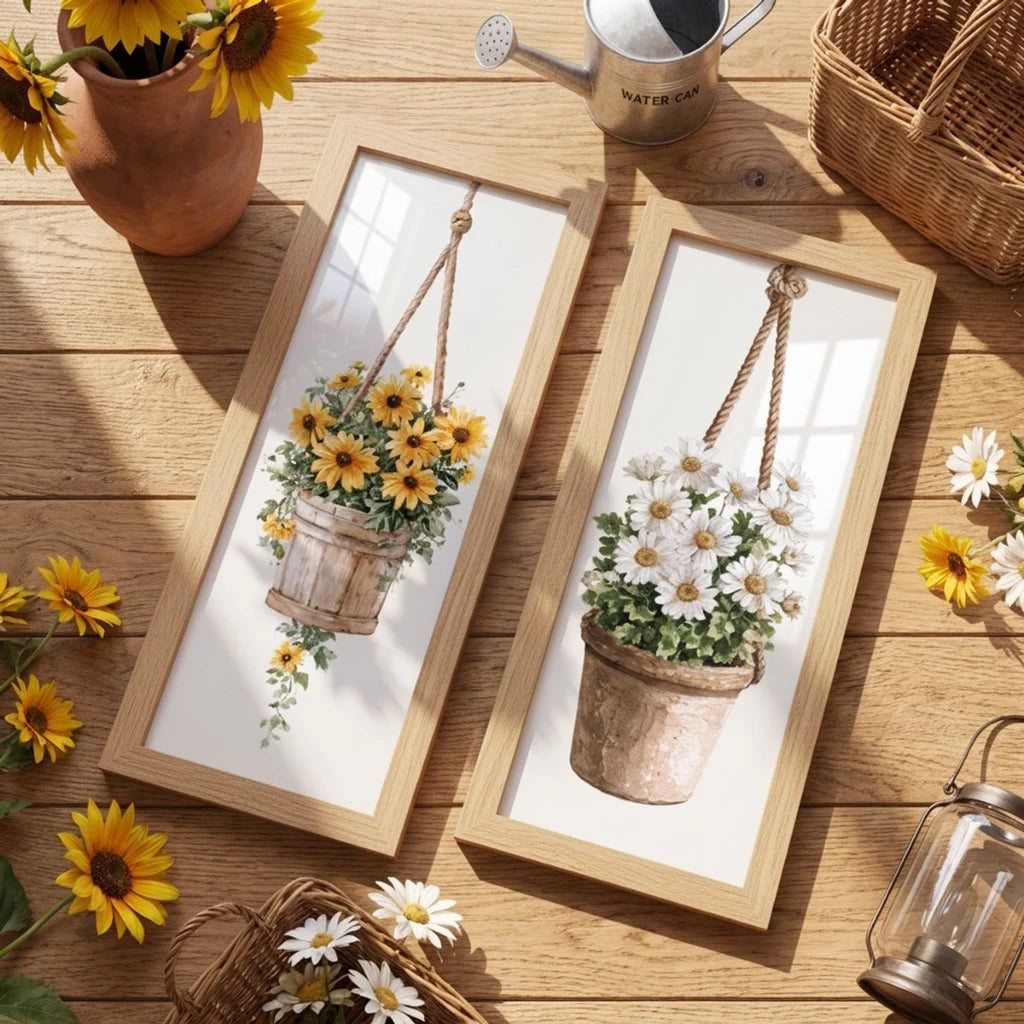 Kit 2 Quadros Verticais Flores em Aquarela 18x45 cm com Moldura e Vidro — composição principal