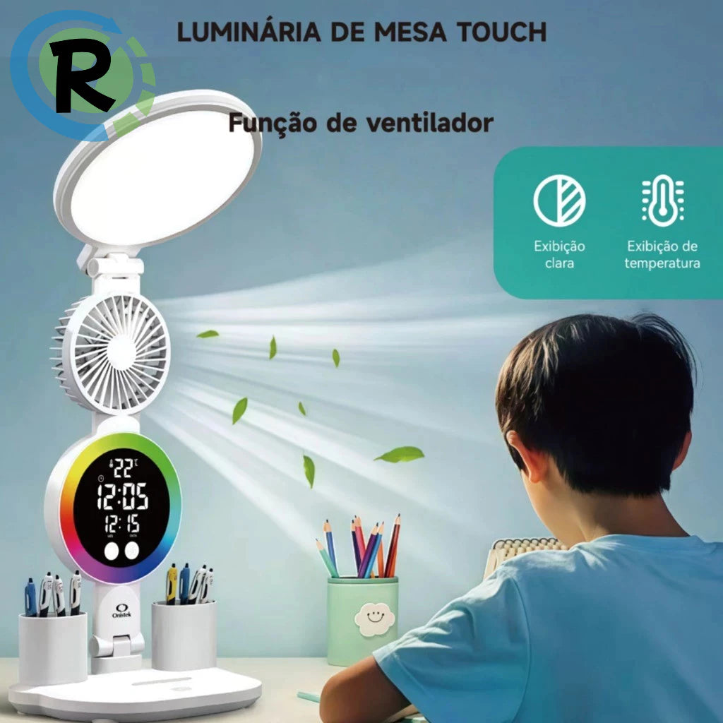 Luminária de Mesa LED Multifuncional NOXHome com Ventilador, Relógio e Porta-Canetas | Touch Screen | USB | Quarto, Escritório e Estudo