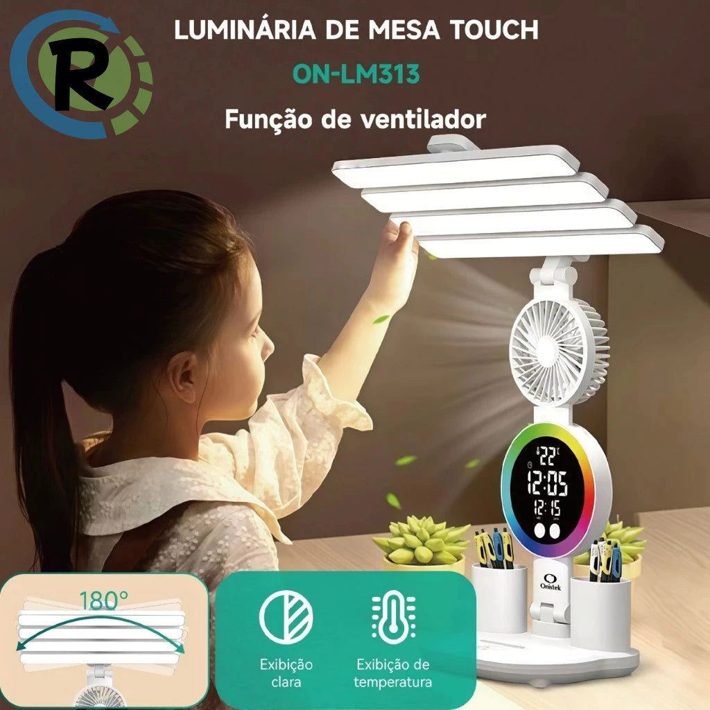 Luminária de Mesa LED Multifuncional NOXHome com Ventilador, Relógio e Porta-Canetas | Touch Screen | USB | Quarto, Escritório e Estudo