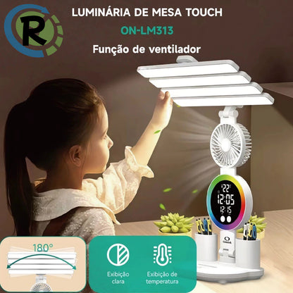 Luminária de Mesa LED Multifuncional NOXHome com Ventilador, Relógio e Porta-Canetas | Touch Screen | USB | Quarto, Escritório e Estudo