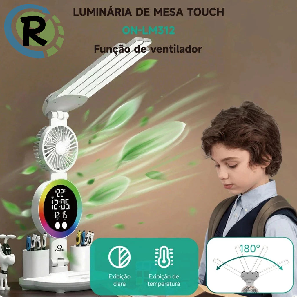 Luminária de Mesa LED Multifuncional NOXHome com Ventilador, Relógio e Porta-Canetas | Touch Screen | USB | Quarto, Escritório e Estudo