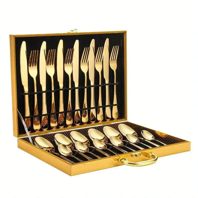 Kit Faqueiro Maleta de Talheres Inox NOXHome | Acabamento Dourado Chique 24 Peças