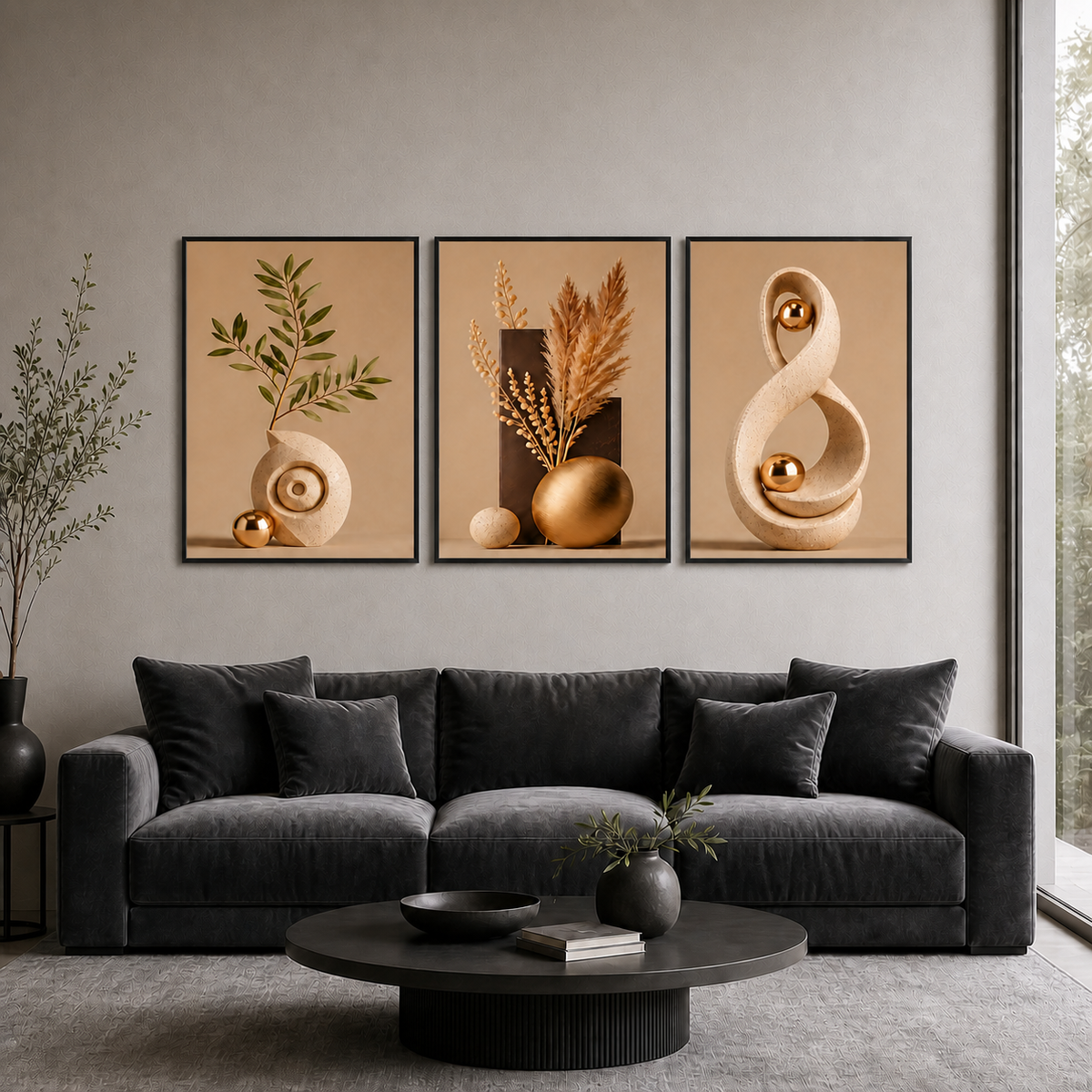 Kit 3 Quadros Decorativos Folhas Verdes em ambiente decorado - NOXHome