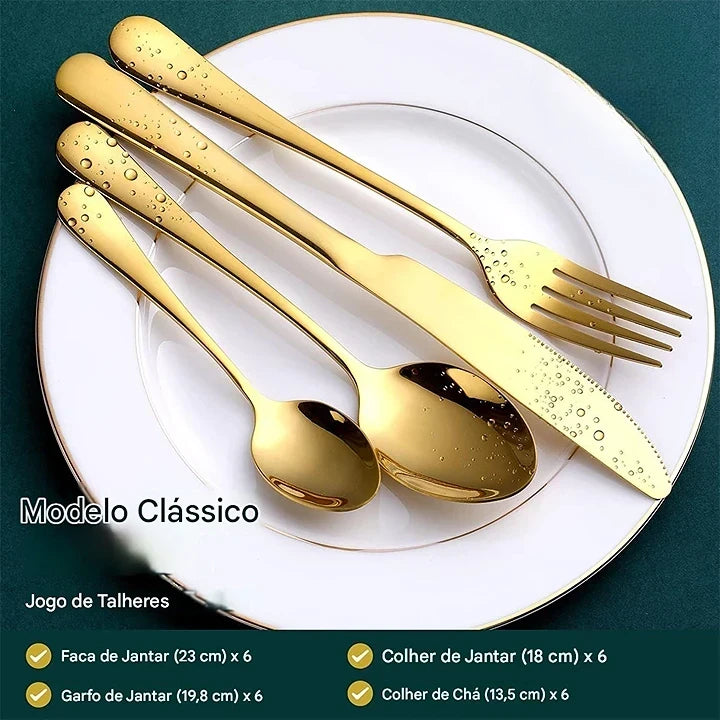 Kit Faqueiro Maleta de Talheres Inox NOXHome | Acabamento Dourado Chique 24 Peças