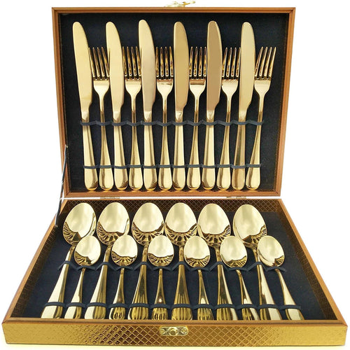 Kit Faqueiro Maleta de Talheres Inox NOXHome | Acabamento Dourado Chique 24 Peças