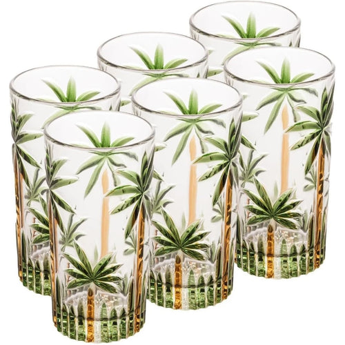 Jogo de Copos e Taças Palm Tree NOXHome | Cristal Pintado à Mão 350ml – Kit 6 Peças