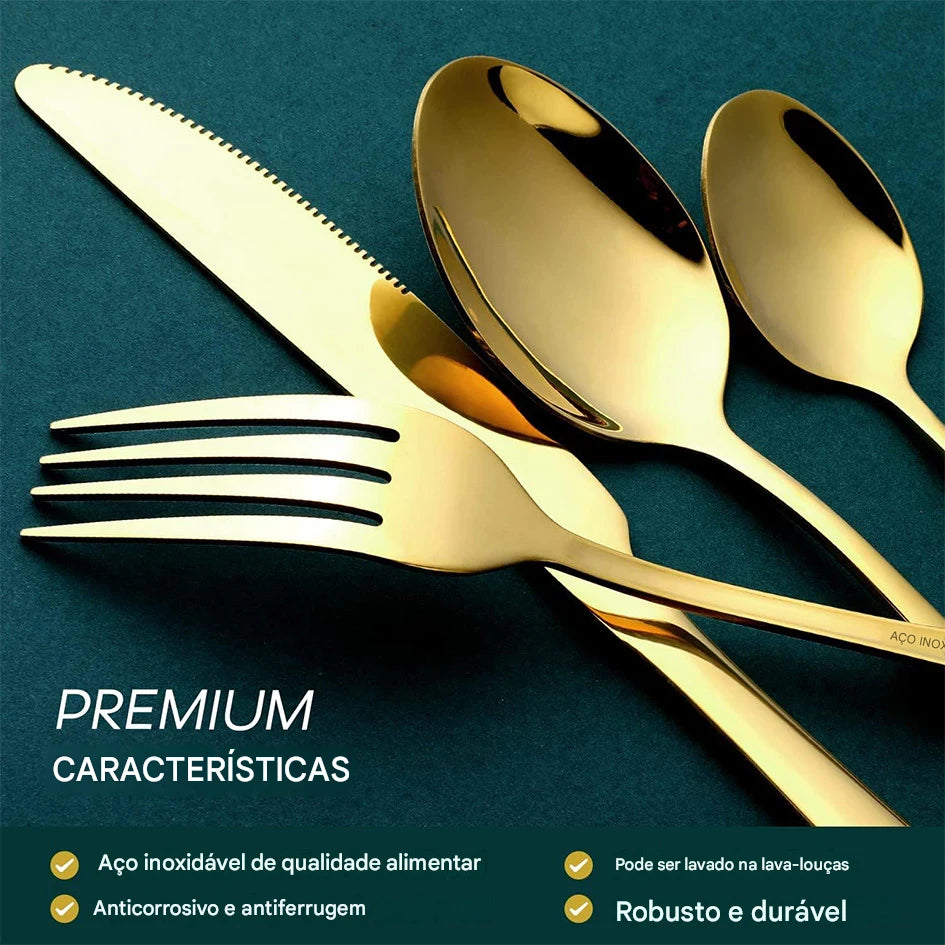 Kit Faqueiro Maleta de Talheres Inox NOXHome | Acabamento Dourado Chique 24 Peças