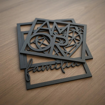 Kit Quadros Decorativos Família Amor Coração NOXHome | MDF Recorte a Laser 3 Peças – Com Fita Dupla Face