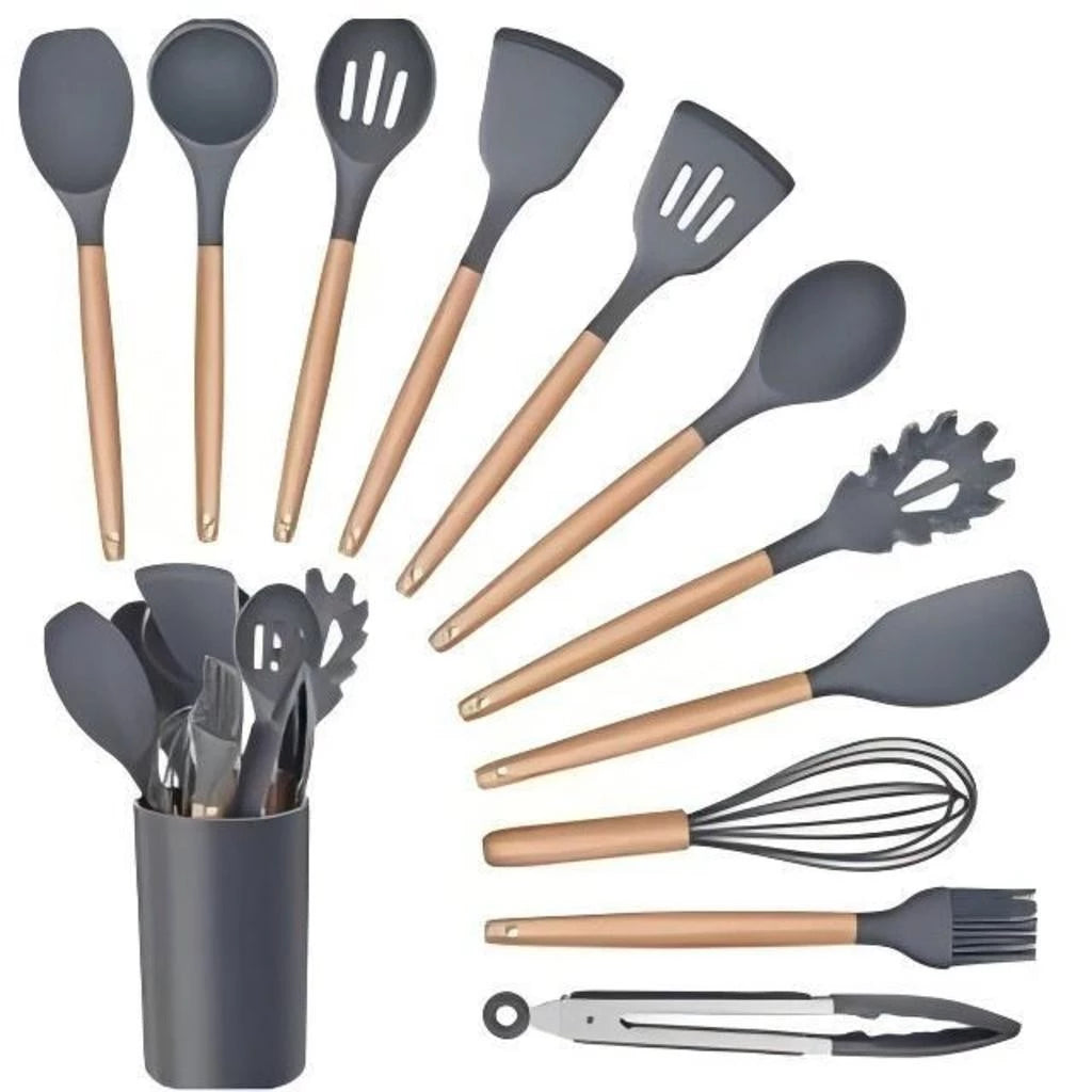 Kit Utensílios de Cozinha NOXHome | Silicone com Cabo de Bambu – 12 Peças