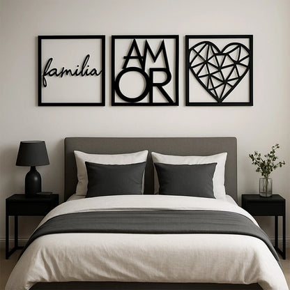 Kit Quadros Decorativos Família Amor Coração NOXHome | MDF Recorte a Laser 3 Peças – Com Fita Dupla Face