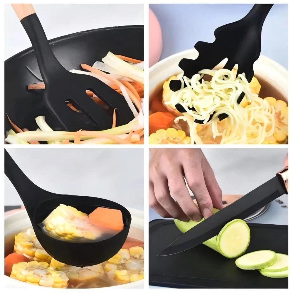 Kit Utensílios de Cozinha NOXHome | Silicone com Cabo de Bambu – 12 Peças
