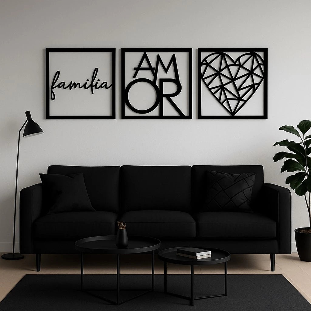 Kit Quadros Decorativos Família Amor Coração NOXHome | MDF Recorte a Laser 3 Peças – Com Fita Dupla Face