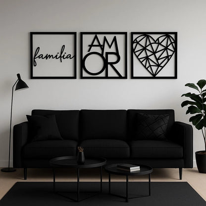 Kit Quadros Decorativos Família Amor Coração NOXHome | MDF Recorte a Laser 3 Peças – Com Fita Dupla Face