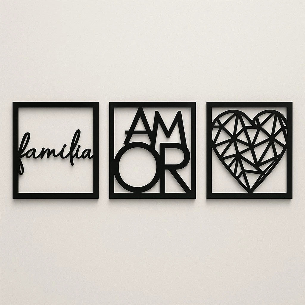 Kit Quadros Decorativos Família Amor Coração NOXHome | MDF Recorte a Laser 3 Peças – Com Fita Dupla Face