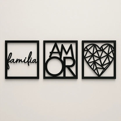 Kit Quadros Decorativos Família Amor Coração NOXHome | MDF Recorte a Laser 3 Peças – Com Fita Dupla Face