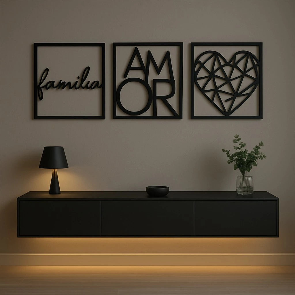 Kit Quadros Decorativos Família Amor Coração NOXHome | MDF Recorte a Laser 3 Peças – Com Fita Dupla Face