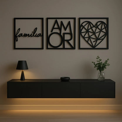 Kit Quadros Decorativos Família Amor Coração NOXHome | MDF Recorte a Laser 3 Peças – Com Fita Dupla Face