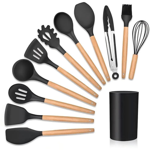 Kit Utensílios de Cozinha NOXHome | Silicone com Cabo de Bambu – 12 Peças