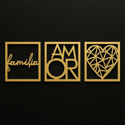 Kit Quadros Decorativos Família Amor Coração NOXHome | MDF Recorte a Laser 3 Peças – Com Fita Dupla Face