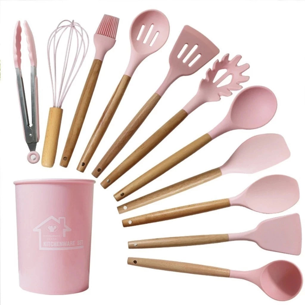 Kit Utensílios de Cozinha NOXHome | Silicone com Cabo de Bambu – 12 Peças