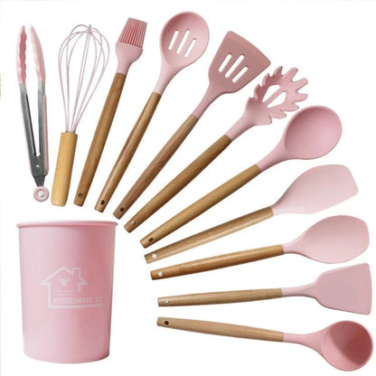 Kit Utensílios de Cozinha NOXHome | Silicone com Cabo de Bambu – 12 Peças