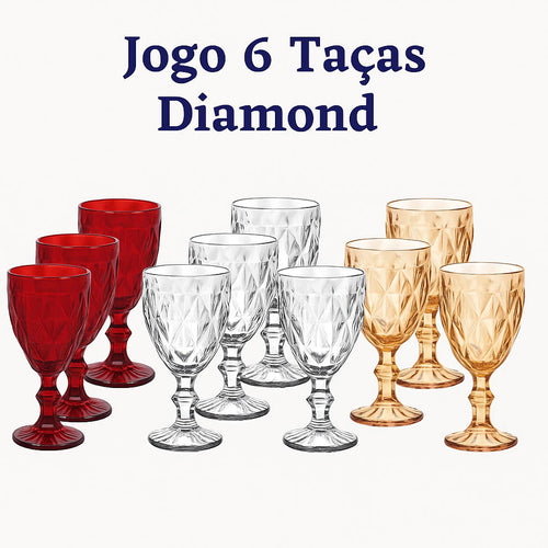 Jogo de Taças de Vinho Diamond NOXHome | Vidro Colorido 340ml – Kit 6 Peças