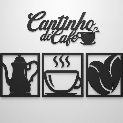 Kit Quadros Decorativos Cantinho do Café NOXHome | MDF Recorte a Laser 4 Peças – Com Fita Dupla Face