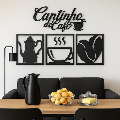 Kit Quadros Decorativos Cantinho do Café NOXHome | MDF Recorte a Laser 4 Peças – Com Fita Dupla Face