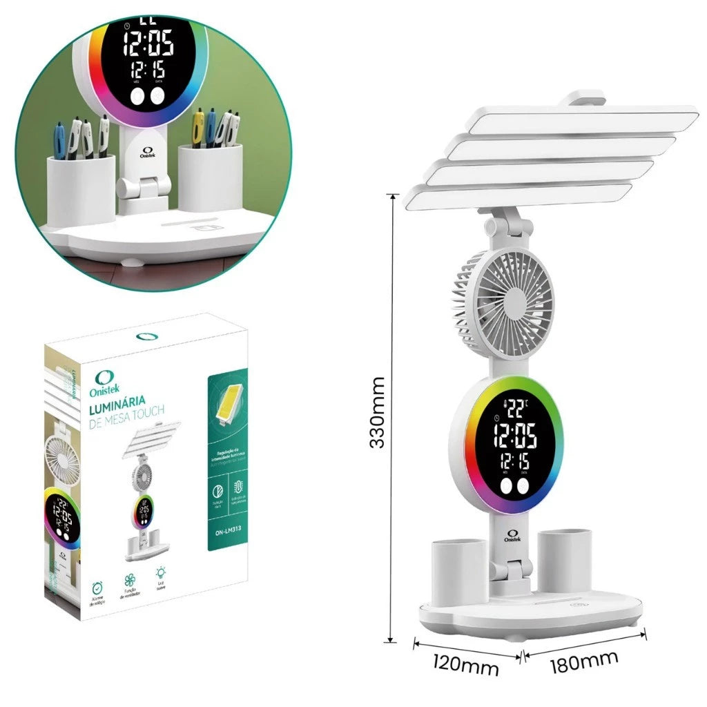 Luminária de Mesa LED Multifuncional NOXHome com Ventilador, Relógio e Porta-Canetas | Touch Screen | USB | Quarto, Escritório e Estudo