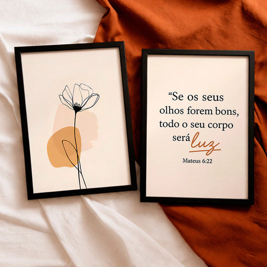 Kit 2 Quadros Decorativos com Moldura Flor Versículo Bíblico Mateus 6:22 Fé NOXHome