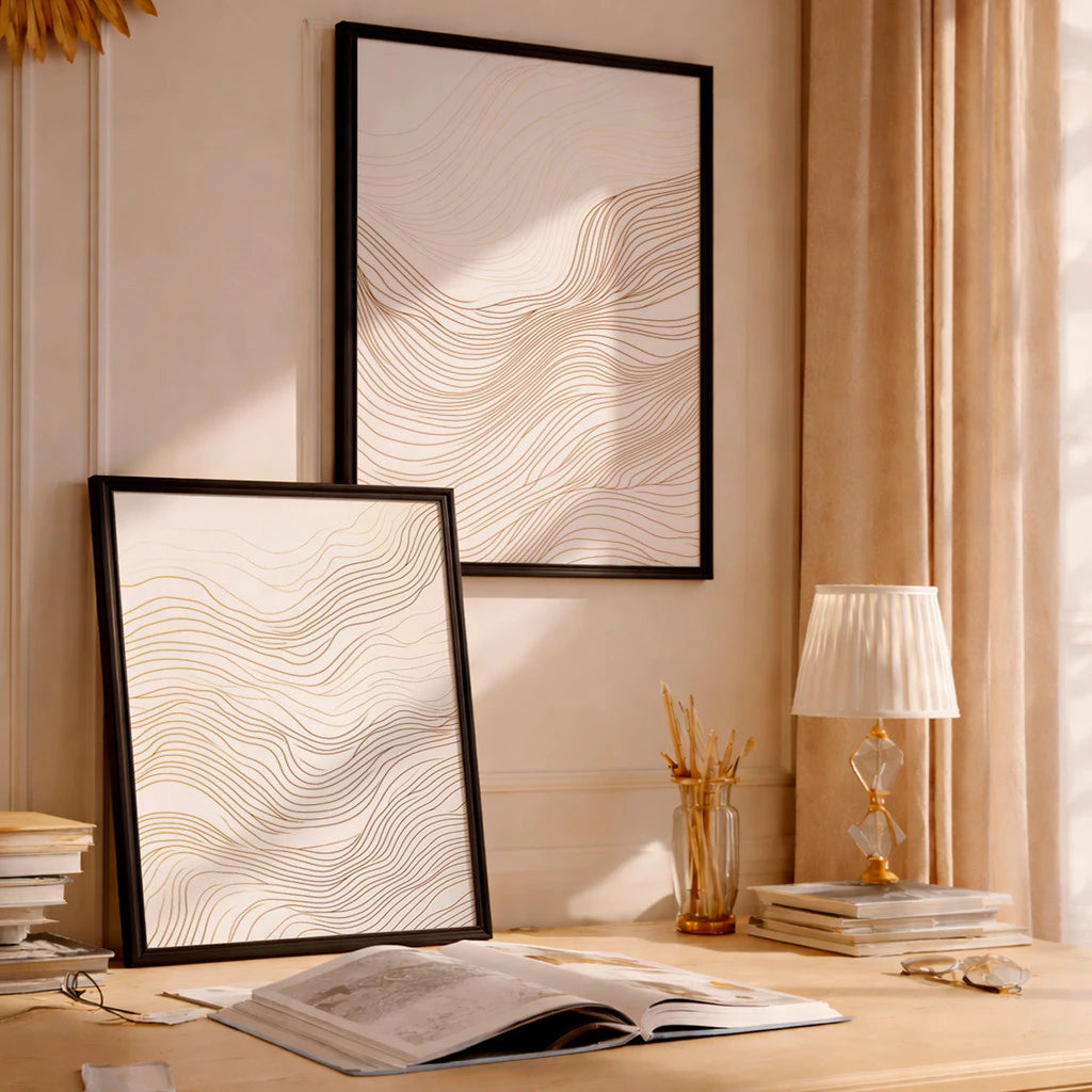 Kit 2 Quadros Decorativos com Moldura Linhas Onduladas Douradas Minimalista NOXHome