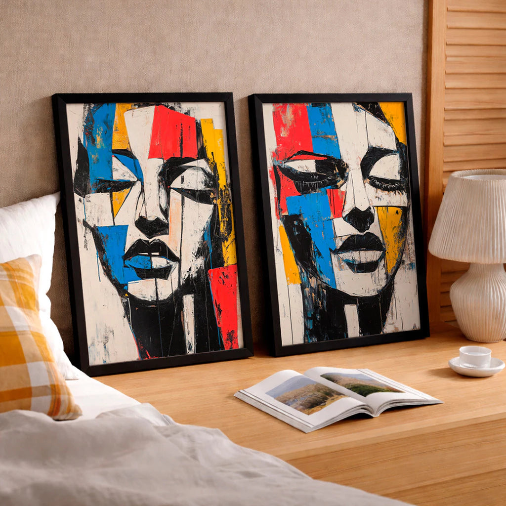 Kit 2 Quadros Decorativos com Moldura Rosto Abstrato Colorido Moderno NOXHome