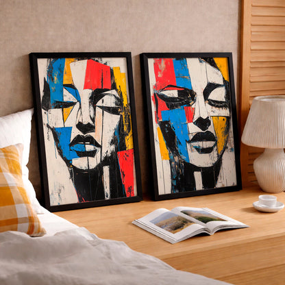 Kit 2 Quadros Decorativos com Moldura Rosto Abstrato Colorido Moderno NOXHome