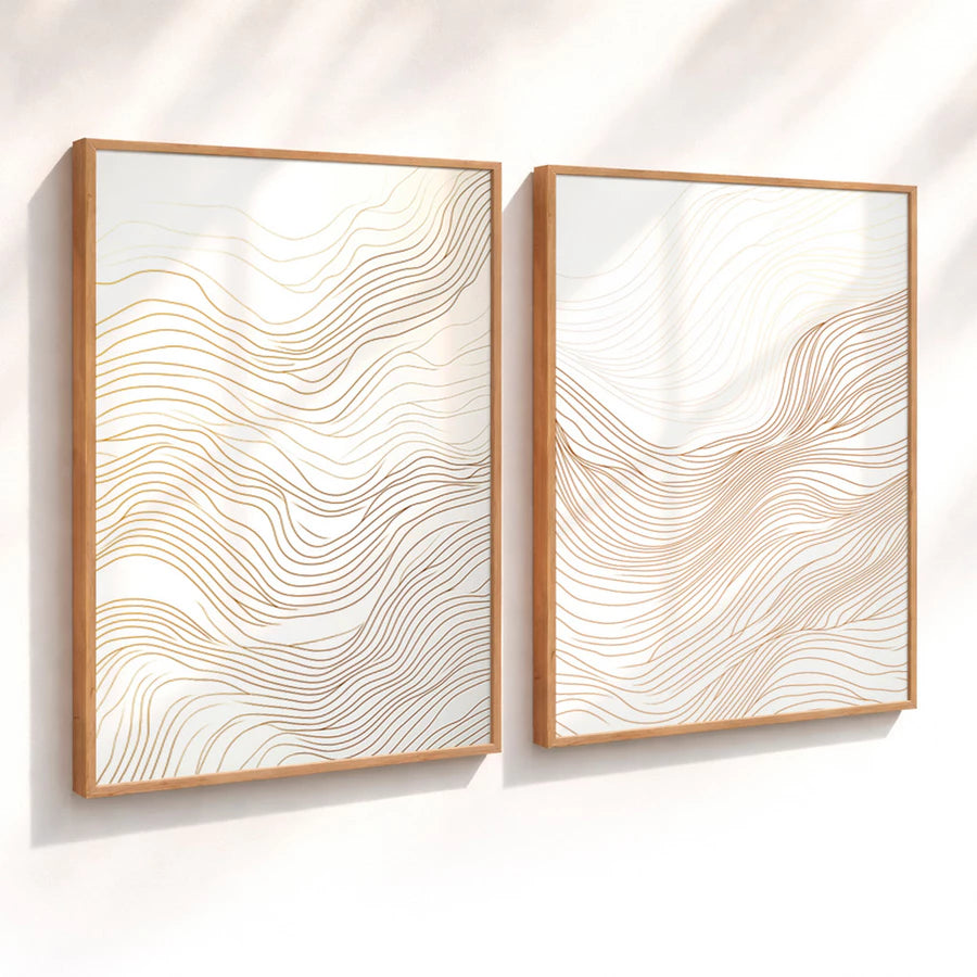 Kit 2 Quadros Decorativos com Moldura Linhas Onduladas Douradas Minimalista NOXHome